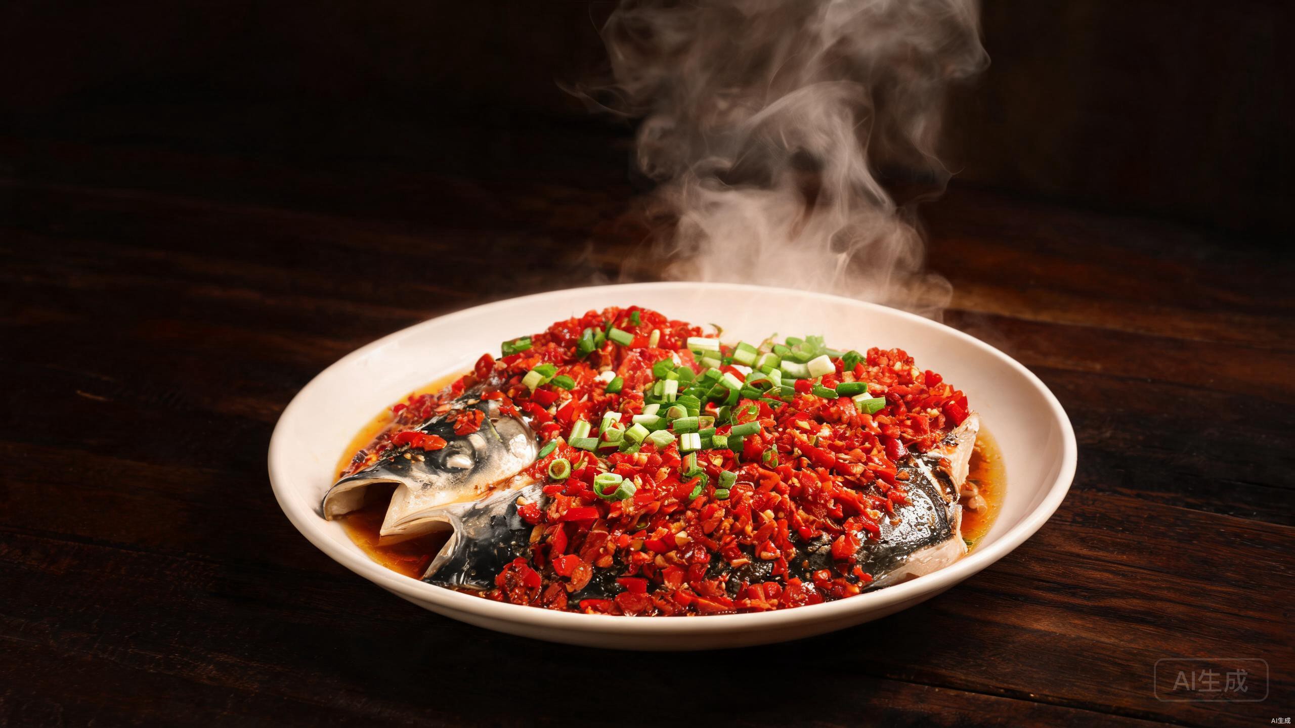 Steamed fish head with hot oil poured over scallions and chilies