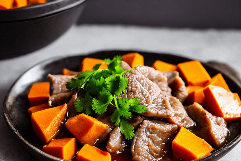150 Prepare the bowl with sweet potato. Peel the sweet potato and cut it into chunks about 3 cm big.