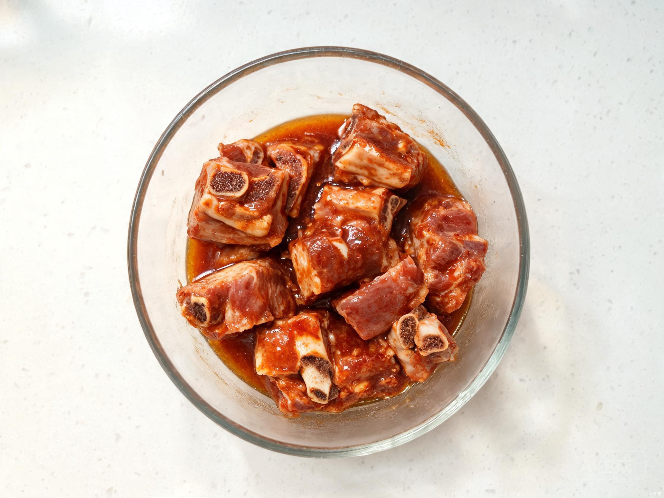 Pork ribs marinating with red fermented bean curd in a bowl