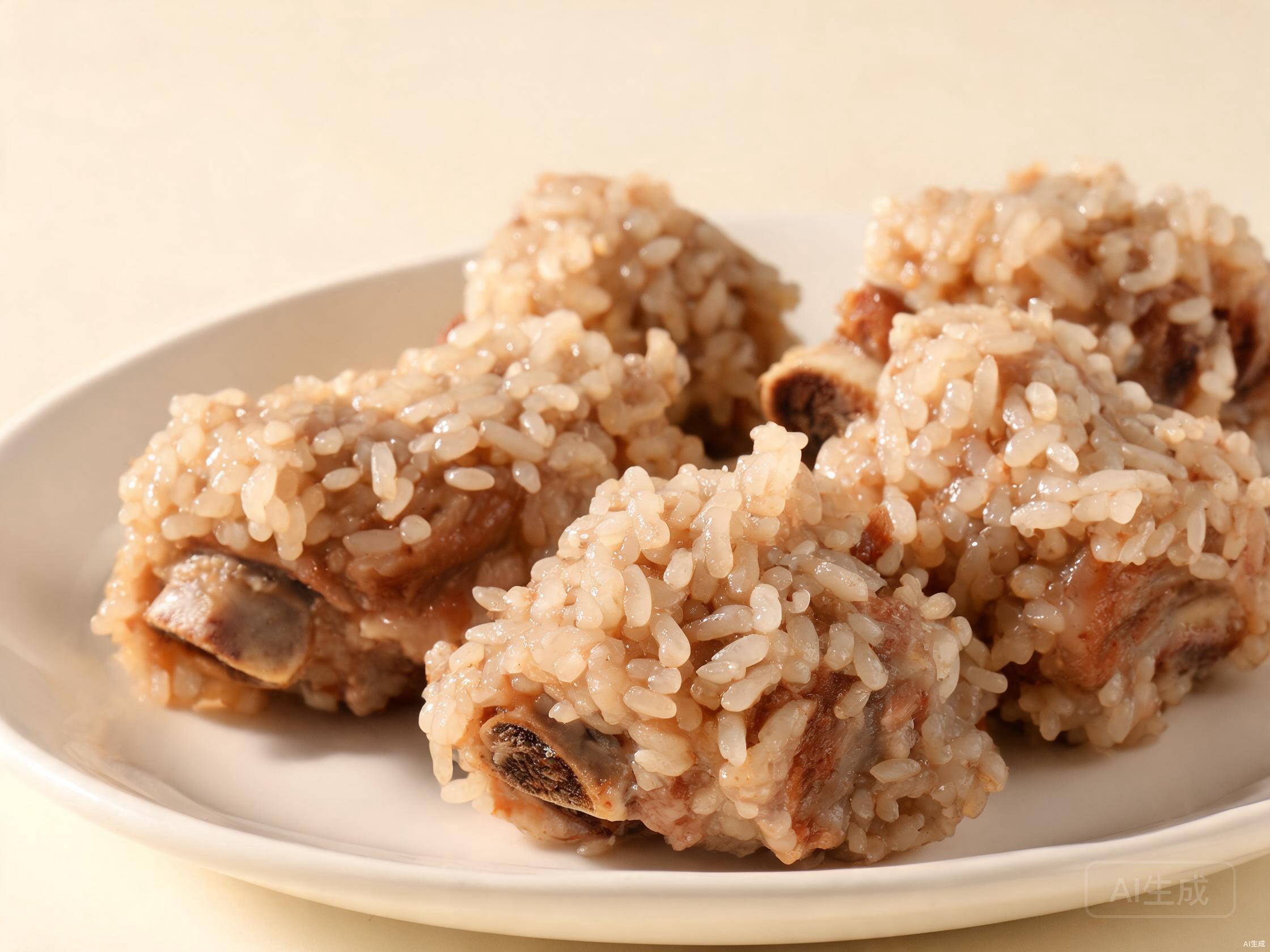 Pork rib pieces coated in glutinous rice grains arranged on a plate