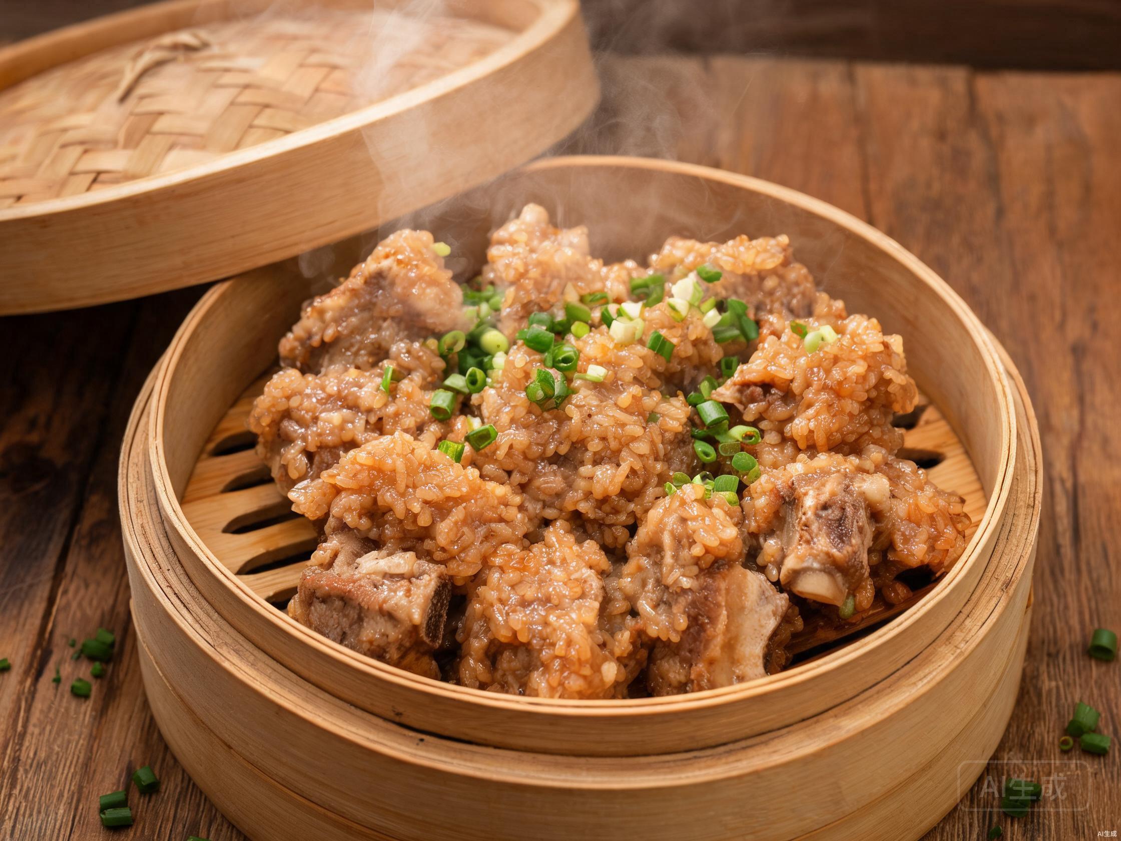 Finished steamed ribs with glutinous rice in a bamboo steamer