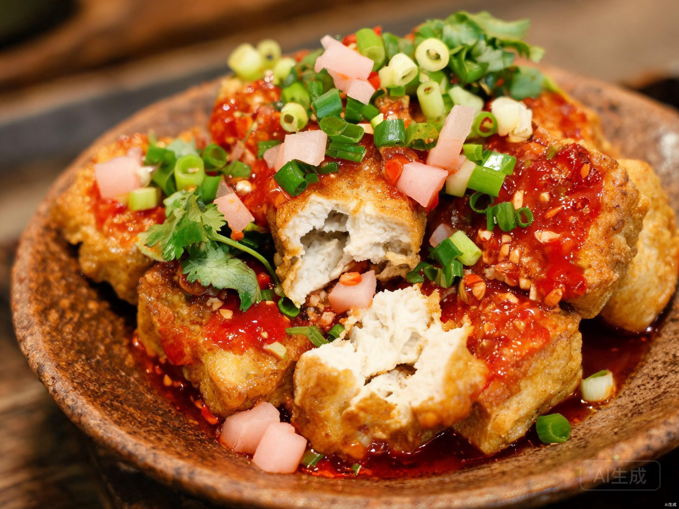 Changsha stinky tofu served on a plate with chili sauce