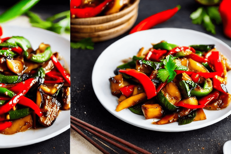 Stir-fry the peppers. Heat a wok over high heat until smoking. Add 1 tablespoon of oil and swirl to