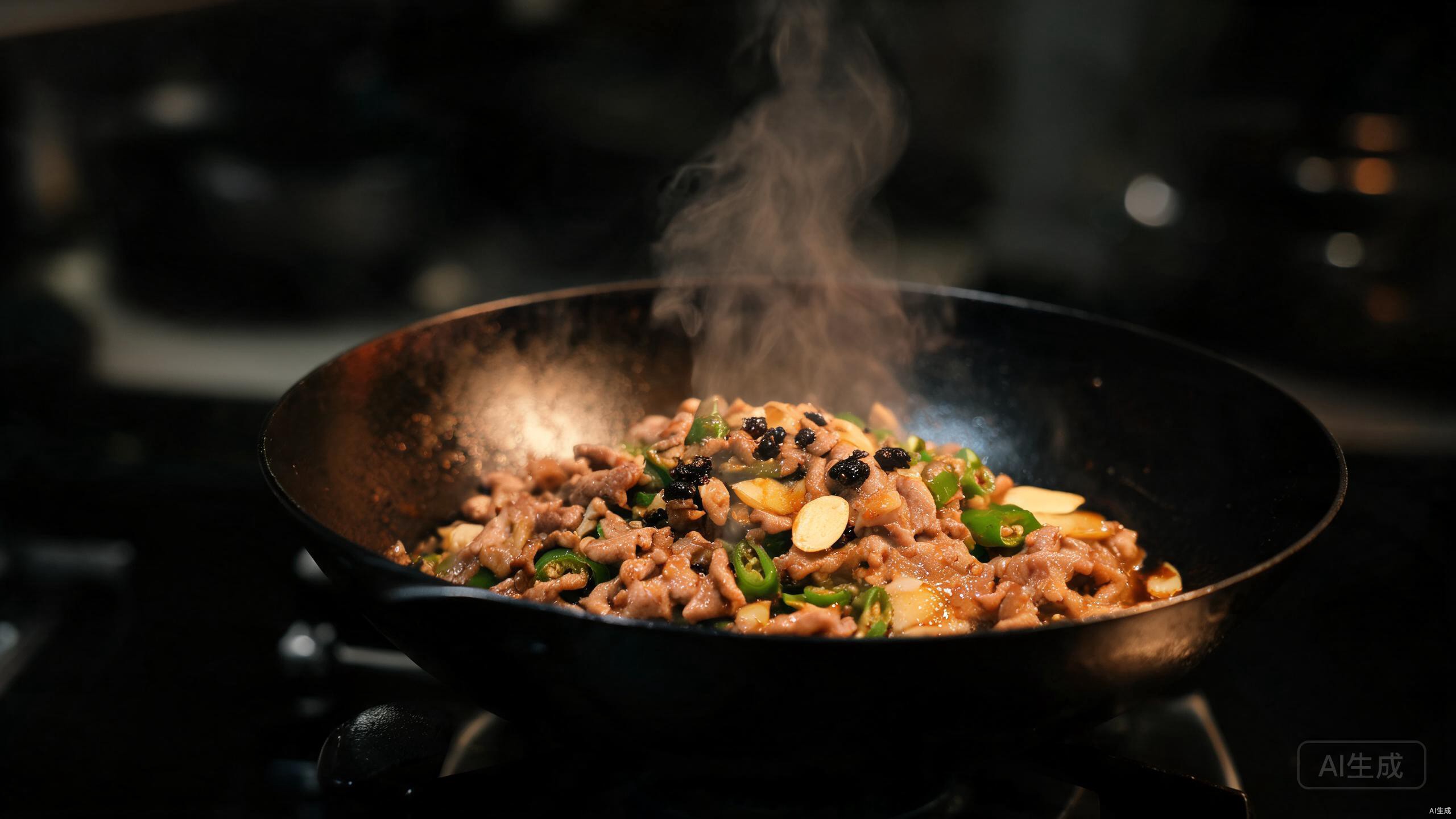 Pork stir-frying with chilies and fermented black beans in a wok