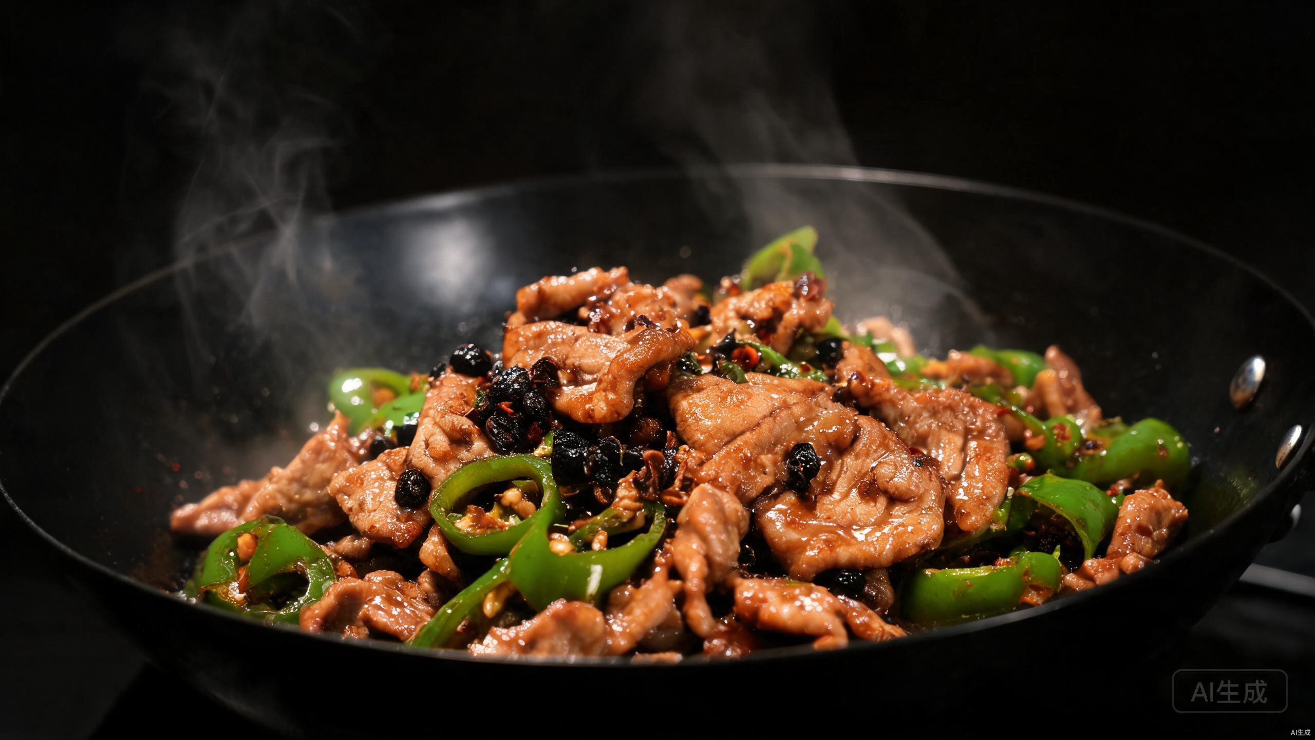 Green chilies stir-frying over high heat in a wok