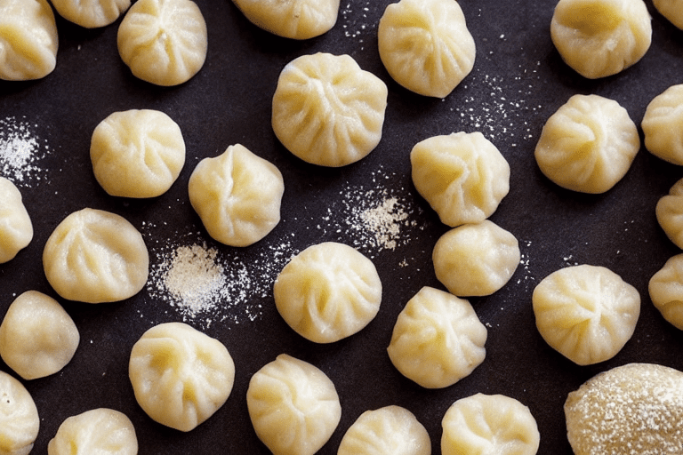 124 Shape the dumplings. After resting, divide the dough into 20 to 24 equal pieces about 15 grams e