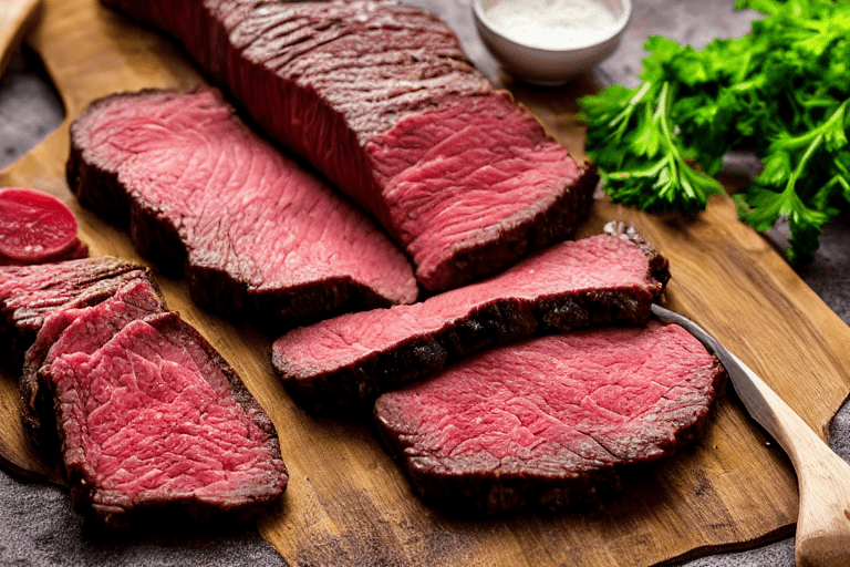132 Slice and marinate the beef. Cut the beef against the grain into thin strips about 5 cm long and