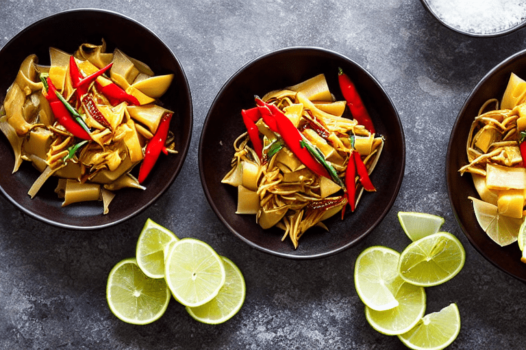 129 Prepare aromatics. Slice the ginger, garlic, and chilies. If using dried chilies, soak them in w