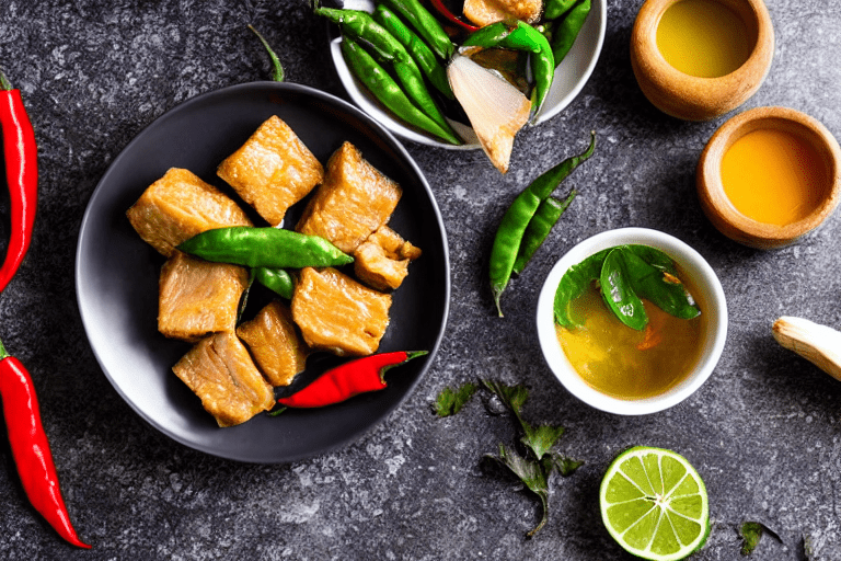 Prepare aromatics. Slice the ginger, garlic, and chilies. If using dried chilies, soak them in warm