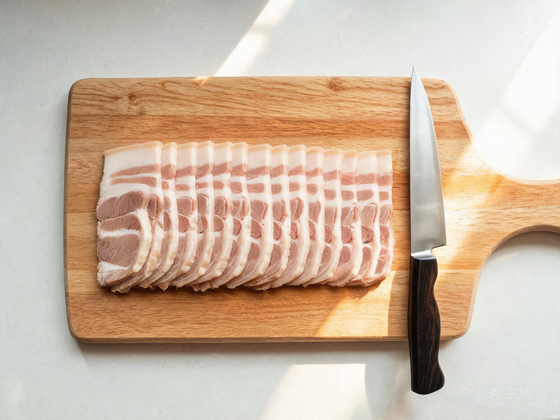 Sliced chilled pork belly arranged on a cutting board