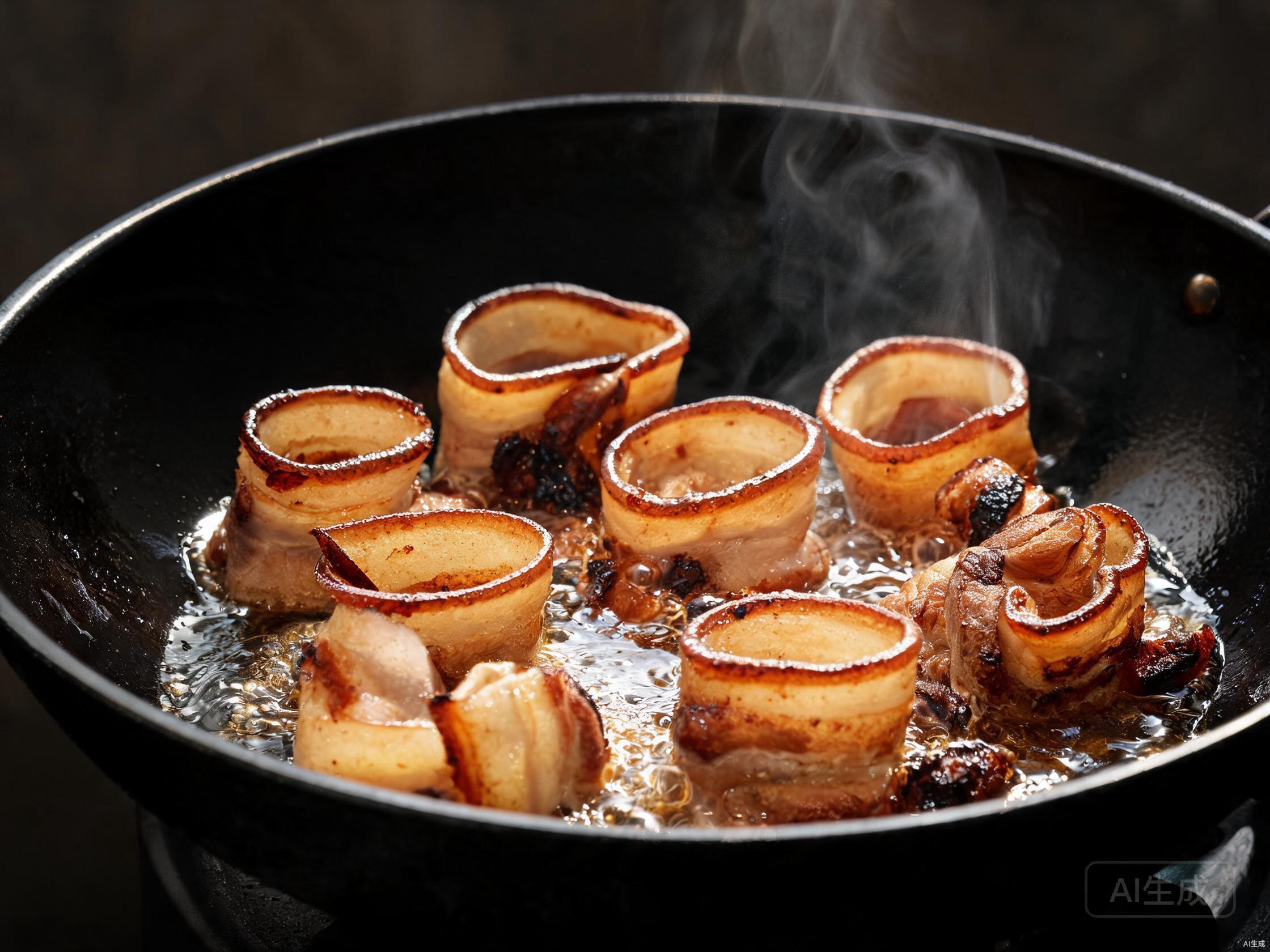 Pork slices curling into lampshade shapes in a wok