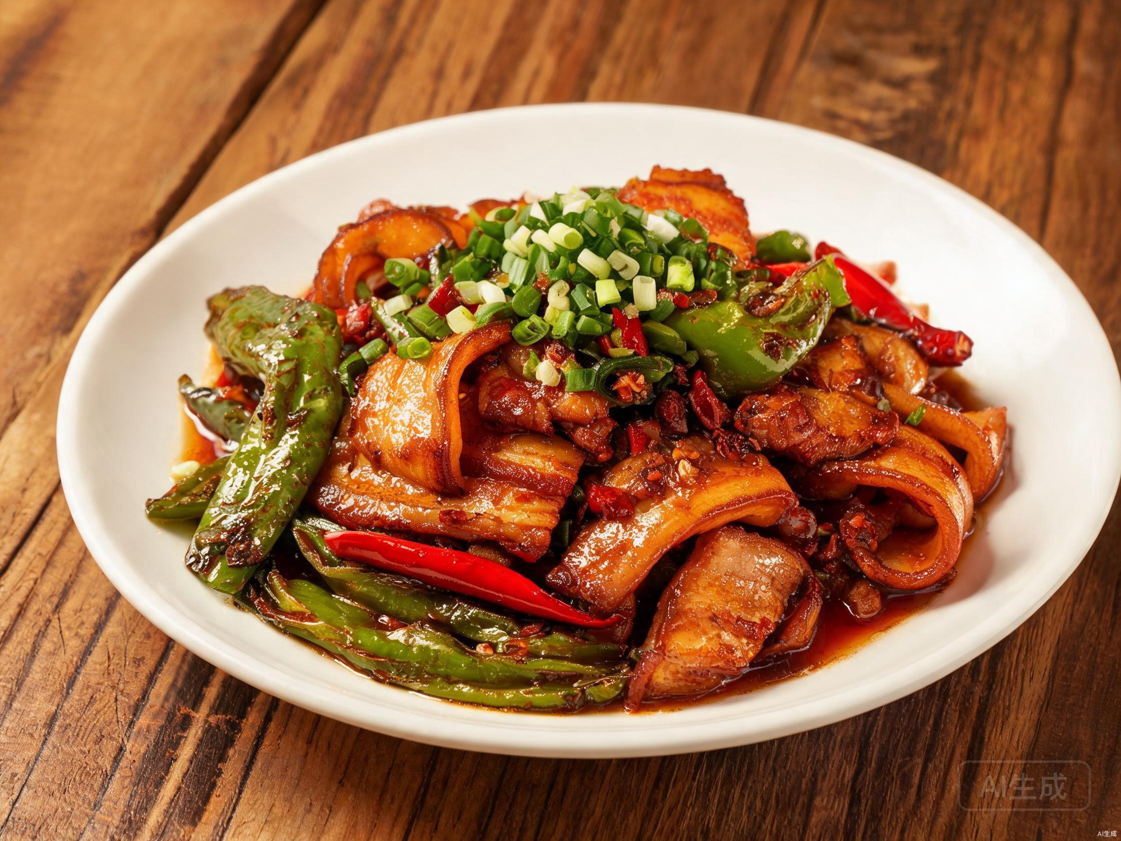 Stir-fried pork with green peppers in a wok, glossy and blistered