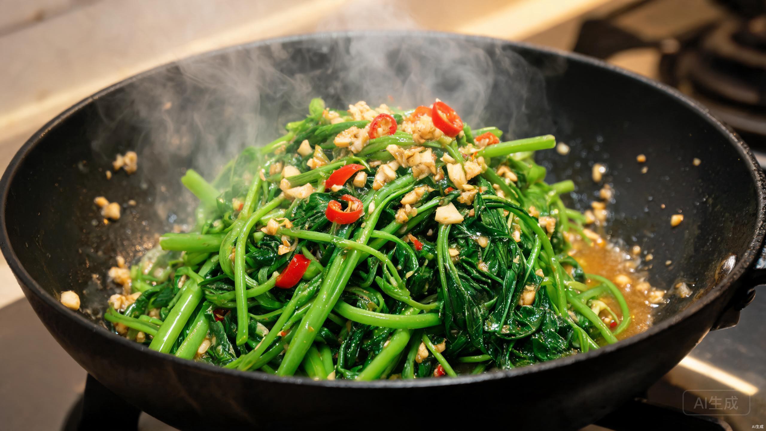 Stir-fried water spinach with fermented tofu in a wok