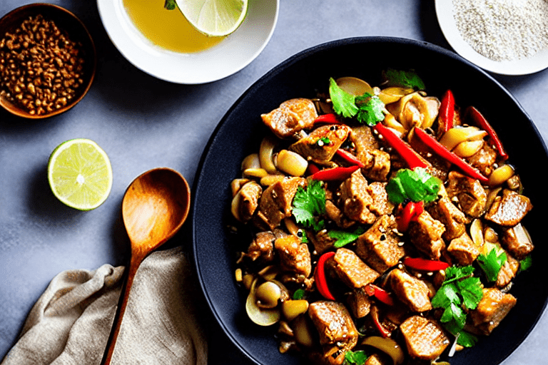 143 Add aromatics. Push the pork to one side of the wok. Add the ginger and garlic to the empty spac