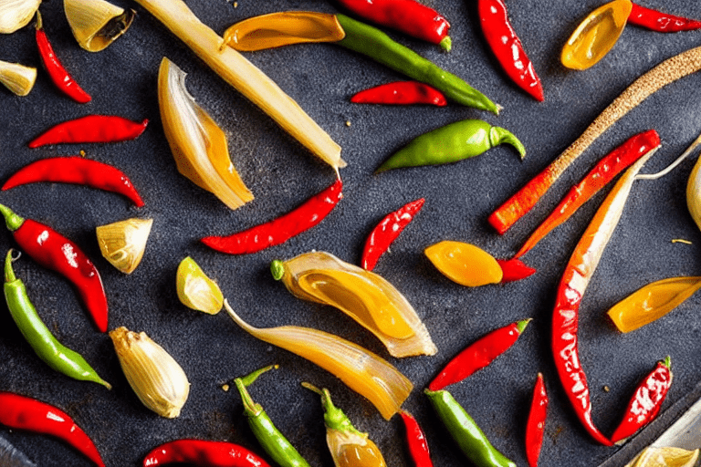 Aromatics and spices. Heat oil in a wok over medium heat. Add ginger slices, garlic, dried chilies,