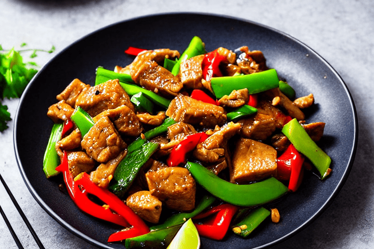 133 Stir-fry the peppers. Increase the heat to high. Add the green peppers to the wok with the pork