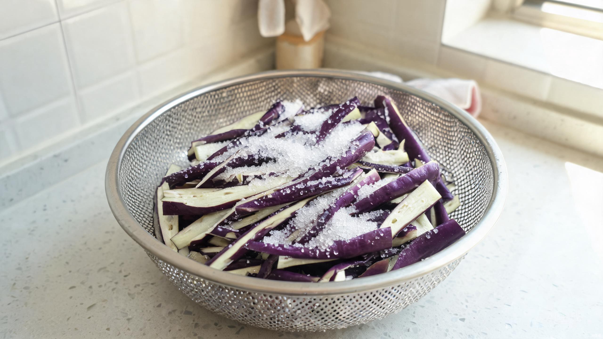 Eggplant strips sprinkled with salt in a colander