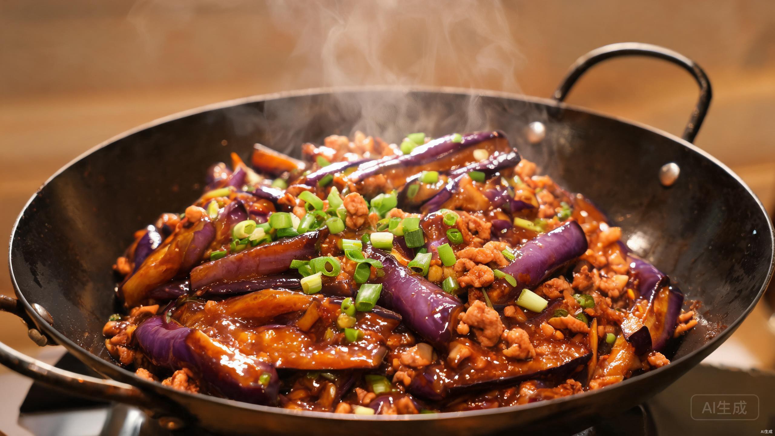 Glossy yu xiang eggplant in a wok with scallions