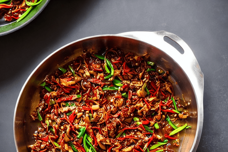 Fry the aromatics. Heat oil in a wok over medium heat. Add dried chilies and Sichuan peppercorns. St